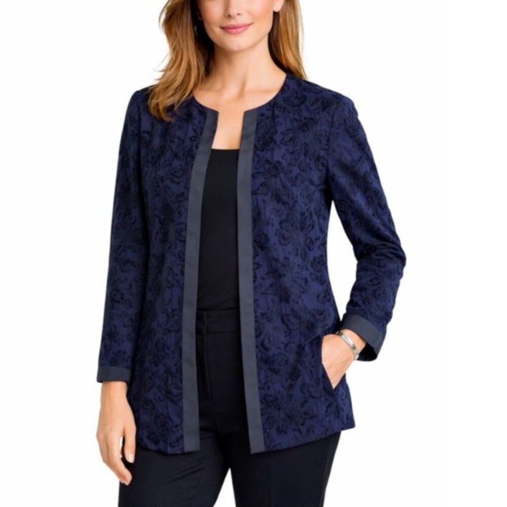Karl Lagerfeld NWOT Navy Floral Semi-Sheer Lace Open Front LS Tunic Jacket Sz S